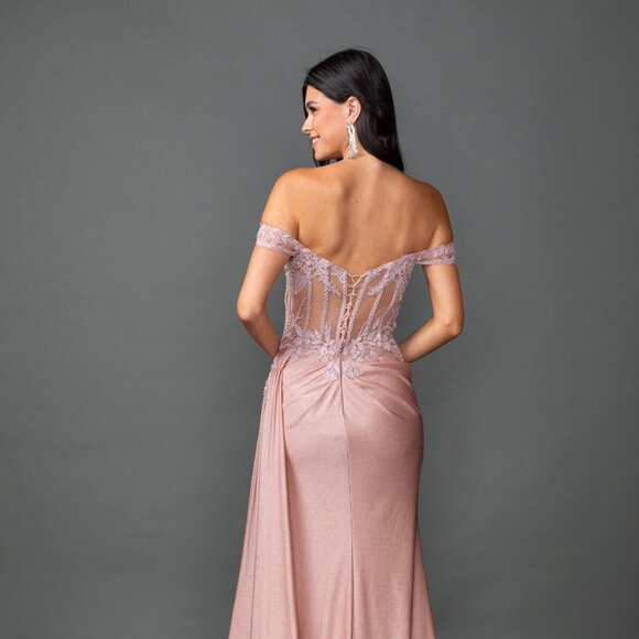 New Off The Shoulder Beds Embellished Maxi Prom Gown w/ Lace up Back DQ 4535 - Picture 6 of 8